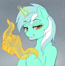 Size: 892x903 | Tagged: dead source, safe, artist:evomanaphy, lyra heartstrings, human, pony, unicorn, g4, animated, chest fluff, eyebrow wiggle, female, gif, glowing horn, hand, hooves together, horn, jew, jewnicorn, le happy merchant, lidded eyes, looking at you, magic, magic hands, mare, smiling, solo
