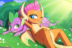 Size: 1125x750 | Tagged: safe, artist:lumineko, smolder, spike, dragon, father knows beast, g4, adorable face, blushing, bright, crepuscular rays, cute, dragoness, fangs, female, grass, happy, horns, leaning back, light, looking at each other, lying on top of someone, male, on back, one eye closed, prone, ship:spolder, shipping, smiling, smolderbetes, spikabetes, spread wings, straight, winged spike, wings