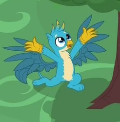 Size: 409x416 | Tagged: safe, screencap, gallus, griffon, g4, what lies beneath, arms spread out, chest fluff, claws, cropped, cute, gallabetes, galluree, male, paws, smiling, solo, spread wings, tree, wings