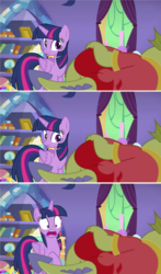 Size: 1152x1959 | Tagged: safe, screencap, sludge (g4), twilight sparkle, alicorn, dragon, pony, father knows beast, g4, draw me like one of your french girls, eyes on the prize, female, innuendo, male, twilight sparkle (alicorn), we don't normally wear clothes, you know for kids