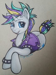 Size: 1827x2446 | Tagged: safe, artist:gleamydreams, rarity, pony, unicorn, g4, it isn't the mane thing about you, alternate hairstyle, bracelet, crossed legs, female, jewelry, looking at you, mare, prone, punk, raripunk, simple background, smiling, solo, spiked wristband, traditional art, wristband