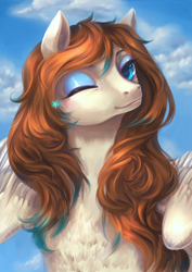 Size: 1060x1500 | Tagged: safe, artist:catofrage, oc, oc only, oc:amora bunny, pegasus, pony, chest fluff, commission, digital art, ear fluff, eyeshadow, female, looking at you, makeup, mare, one eye closed, solo, spread wings, wings, wink, ych result