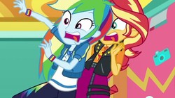 Size: 811x456 | Tagged: safe, screencap, rainbow dash, sunset shimmer, equestria girls, equestria girls specials, g4, my little pony equestria girls: better together, my little pony equestria girls: rollercoaster of friendship, female, geode of empathy, geode of super speed, magical geodes