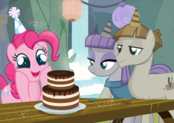 Size: 3302x2336 | Tagged: safe, artist:shutterflyeqd, boulder (g4), maud pie, mudbriar, pinkie pie, twiggy, earth pony, pony, g4, cake, female, food, hat, high res, male, mare, open mouth, party hat, ship:maudbriar, shipping, signature, stallion, straight, surprised