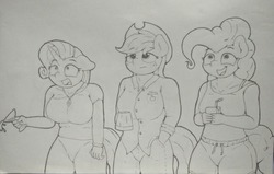 Size: 1280x816 | Tagged: safe, artist:ljdamz1119, applejack, pinkie pie, rarity, earth pony, unicorn, anthro, g4, breasts, clothes, drink, female, floppy ears, freckles, glass, holding, jewelry, juice, juice box, looking up, mare, necklace, open mouth, shocked, shorts, smiling, spill, tank top, unamused