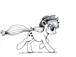 Size: 847x635 | Tagged: safe, artist:el-yeguero, applejack, earth pony, pony, g4, cowboy hat, female, freckles, hat, ink drawing, inktober, mare, running, simple background, sketch, solo, traditional art, white background