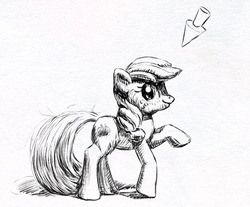 Size: 826x685 | Tagged: safe, artist:el-yeguero, applejack, earth pony, pony, g4, female, freckles, looking at you, mare, mcdonald's happy meal toys, pointer, raised hoof, simple background, sketch, smiling, solo, toy, white background