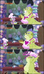 Size: 1042x1766 | Tagged: safe, edited screencap, screencap, sludge (g4), spike, dragon, father knows beast, g4, apron, baking, clothes, comic, fake smile, heart, kitchen, nickelodeon, screencap comic, smiling, thumbs up, unamused, upset, winged spike, wings