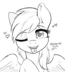 Size: 2550x2838 | Tagged: safe, artist:ratofdrawn, rainbow dash, pegasus, pony, g4, blushing, chest fluff, colored pupils, female, grayscale, heart, high res, inktober, kinktober, kinktober 2018, lidded eyes, looking at you, mare, monochrome, one eye closed, open mouth, piercing, raised hoof, simple background, smiling, solo, spread wings, tongue out, tongue piercing, white background, wing fluff, wings, wink