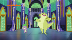 Size: 1040x576 | Tagged: safe, screencap, sludge (g4), spike, dragon, father knows beast, g4, dancing, door, nickelodeon, swagger, twilight's castle