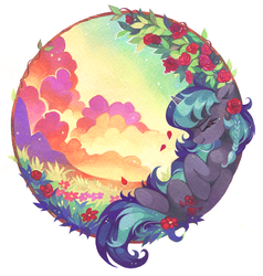 Size: 1862x1952 | Tagged: safe, artist:lispp, oc, oc only, oc:damask rose, pony, unicorn, badge, cloud, eyes closed, female, flower, grass, mare, simple background, sky, smiling, solo, ych result