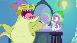 Size: 1032x580 | Tagged: safe, screencap, sludge (g4), spike, dragon, father knows beast, g4, animation error, bad teeth, bathroom, dirty, duo, gross, jaws, lamp, male, mirror, nickelodeon, open mouth, reflection, rotten teeth, smiling, stool, teeth, toothpaste, towel