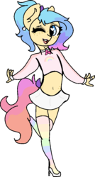 Size: 510x948 | Tagged: safe, artist:nootaz, oc, oc only, oc:serenity heart, earth pony, anthro, belly button, crossdressing, cute, eyeshadow, femboy, makeup, male, midriff, one eye closed, simple background, solo, transparent background, wink