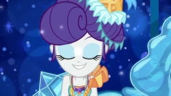 Size: 1280x720 | Tagged: safe, screencap, rarity, equestria girls, g4, my little pony equestria girls: better together, the other side, beautiful, carousel dress, eyes closed, fabulous, female, jewelry, music video, necklace, smiling, solo