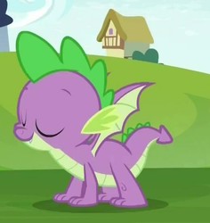 Size: 516x547 | Tagged: safe, screencap, spike, dragon, father knows beast, g4, cropped, eyes closed, male, quadrupedal spike, solo, tail, winged spike, wings