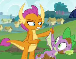 Size: 1266x982 | Tagged: safe, screencap, smolder, spike, dragon, father knows beast, g4, cropped, dirty, dragoness, duo, female, male, ponyville, tail, winged spike, wings