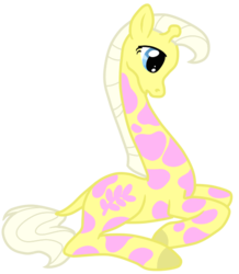 Size: 552x634 | Tagged: safe, artist:otterlore, creamsicle (g1), giraffe, g1, g4, female, g1 to g4, generation leap, pony friends, prone, redesign, simple background, solo, transparent background
