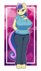 Size: 739x1280 | Tagged: safe, artist:ansil, bon bon, sweetie drops, earth pony, anthro, unguligrade anthro, g4, abstract background, big breasts, breasts, busty bon bon, clothes, commission, female, hoodie, huge breasts, pants, pink sunglasses, smiling, solo, sunglasses