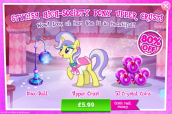 Size: 794x527 | Tagged: safe, gameloft, upper crust, pony, unicorn, g4, advertisement, clothes, coin, costs real money, disco ball, female, introduction card, mare, sale, solo