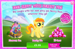 Size: 793x525 | Tagged: safe, gameloft, peachy pie, earth pony, pony, g4, advertisement, background pony, costs real money, female, filly, firework sun, foal, gem, introduction card, sale, solo