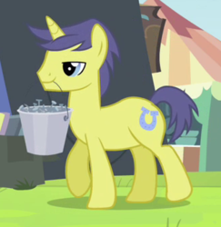 Size: 329x338 | Tagged: safe, screencap, comet tail, pony, unicorn, g4, trade ya!, background pony, bucket, cropped, lidded eyes, male, mouth hold, nails, solo, stallion, walking, wrong cutie mark
