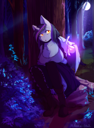 Size: 2200x3000 | Tagged: safe, artist:hakkids2, oc, oc only, oc:amber hex, unicorn, anthro, anthro oc, boots, clothes, female, forest, high res, moon, open mouth, shoes, sitting, solo