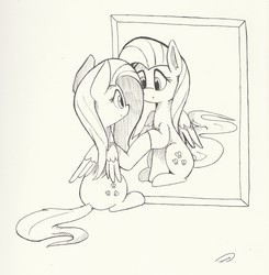 Size: 2248x2296 | Tagged: safe, artist:taurson, fluttershy, pegasus, pony, g4, duality, female, high res, inktober, inktober 2018, mare, mirror, monochrome, reflection, sketch, solo