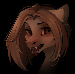 Size: 1024x1014 | Tagged: safe, artist:riawolf15, oc, oc only, pony, black background, bust, eye clipping through hair, fangs, female, floppy ears, forked tongue, lidded eyes, mare, open mouth, simple background, solo, tongue out