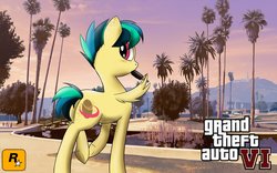 Size: 1920x1200 | Tagged: safe, artist:wolftendragon, oc, oc only, oc:apogee, pegasus, pony, female, food, grand theft auto, mare, popsicle, poster, solo, wing hands