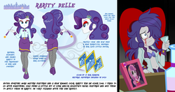 Size: 2666x1408 | Tagged: safe, artist:succubi samus, rarity, sweetie belle, equestria girls, bra, chair, cigarette, cigarette holder, clothes, crying, desk, drinking, equestrian city, female, frame, glass, griefing, grieving, hair over one eye, hairpin, makeup, older, open clothes, open shirt, panties, purple underwear, reference sheet, regal, running makeup, sad, show accurate, smoking, solo, underwear, unzipped, wine glass