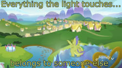 Size: 1920x1080 | Tagged: safe, edit, edited screencap, screencap, sludge (g4), spike, dragon, father knows beast, g4, balcony, discovery family logo, duo, image macro, male, meme, mountain, ponyville, ponyville town hall, scenery, school of friendship, sky, text, the lion king, the lion king 1 1/2, twilight's castle