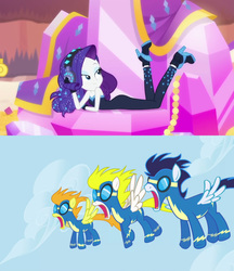 Size: 1617x1872 | Tagged: safe, edit, edited screencap, editor:sonic ranger, screencap, blaze, rarity, soarin', surprise (g4), pegasus, pony, equestria girls, equestria girls series, g4, the other side, adorasexy, alternate hairstyle, ankle boots, ass, bare shoulders, boots, butt, clothes, cute, cutie mark on clothes, eyeshadow, female, gloves, goggles, headphones, jaw drop, looking back, makeup, male, mare, music video, off shoulder, open mouth, prone, sexy, shoes, sinfully sexy, sky, sleeveless, smiling, spread wings, stallion, strapless, stupid sexy rarity, uniform, unitard, wingboner, wings, wonderbolts, wonderbolts uniform