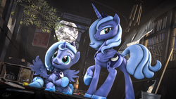 Size: 7680x4320 | Tagged: safe, artist:calveen, princess luna, pony, g4, 3d, absurd resolution, bedroom eyes, bottle, branches, broken glass, bucket, butt, chromatic aberration, crown, curtains, dock, door, dust, female, filly, filly luna, folded wings, hoof shoes, jewelry, looking at something, moon, plot, poster, radio, raised hoof, raised tail, regalia, s1 luna, seat, sitting, smiling, source filmmaker, spread wings, suitcase, tail, train car, tree, wallpaper, wind chime, window, wings, woona, younger
