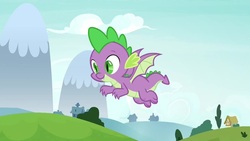 Size: 1920x1080 | Tagged: safe, screencap, spike, dragon, father knows beast, g4, flying, male, smiling, solo, tail, winged spike, wings