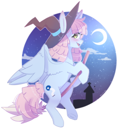 Size: 1789x1943 | Tagged: safe, artist:erinartista, oc, oc only, oc:hoechst mirage, pegasus, pony, broom, female, flying, flying broomstick, hat, mare, moon, simple background, solo, transparent background, witch hat