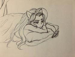 Size: 850x649 | Tagged: safe, artist:bushbuck93, starlight glimmer, human, equestria girls, g4, blanket, cellphone, female, lying down, phone, pillow, pony ears, smartphone, solo, traditional art