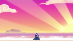Size: 1280x720 | Tagged: safe, screencap, rarity, equestria girls, g4, my little pony equestria girls: better together, the other side, beach, female, island, ocean, perspective, solo, sunset