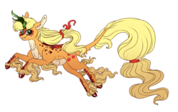 Size: 3000x1884 | Tagged: safe, artist:marbola, applejack, kirin, g4, sounds of silence, cheek fluff, cloven hooves, cutie mark, ear fluff, female, freckles, hair tie, horn, kirin applejack, kirin-ified, leonine tail, long tail, looking at you, mare, ponytail, realistic horse legs, scales, simple background, smiling, solo, species swap, unshorn fetlocks, white background