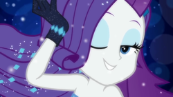 Size: 1280x720 | Tagged: safe, screencap, rarity, equestria girls, g4, my little pony equestria girls: better together, the other side, bare shoulders, close-up, female, one eye closed, solo, wink