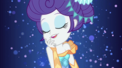 Size: 1280x720 | Tagged: safe, screencap, rarity, equestria girls, g4, my little pony equestria girls: better together, the other side, bare shoulders, carousel dress, eyes closed, female, pose, solo