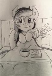 Size: 520x757 | Tagged: safe, artist:soymilk, rainbow dash, pegasus, pony, g4, bandaid, bed, book, cute, dashabetes, ear fluff, female, food, hospital, hospital bed, monochrome, smiling, solo, soup, traditional art