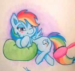 Size: 528x501 | Tagged: safe, artist:soymilk, rainbow dash, pegasus, pony, g4, blushing, brush, brushing, colored, cute, dashabetes, ear fluff, female, pillow, solo, traditional art