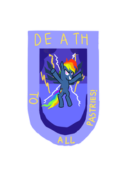 Size: 1000x1400 | Tagged: safe, artist:horsesplease, artist:jhayarr23, rainbow dash, g4, my little pony: friendship is magic, secrets and pies, emblem, evil pie hater dash, evil smile, grin, heraldry, lightning, paint tool sai, smiling