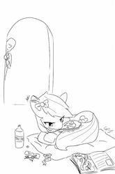 Size: 528x800 | Tagged: safe, artist:grim ponka, rainbow dash, oc, oc:anon, human, pegasus, pony, g4, bow, brushing, cute, dashabetes, door, duo, ear flick, female, girly, grayscale, hair bow, human male, lying down, magazine, male, mare, monochrome, mouth hold, pillow, prone, signature, sketch