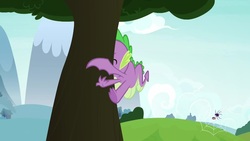 Size: 1920x1080 | Tagged: safe, screencap, spike, dragon, father knows beast, g4, crash, male, solo, tree, winged spike, wings