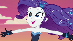 Size: 1280x720 | Tagged: safe, screencap, rarity, equestria girls, g4, my little pony equestria girls: better together, the other side, arms spread out, arms wide open, bare shoulders, bodysuit, clothes, cute, female, gloves, raribetes, sleeveless, smiling, solo, strapless