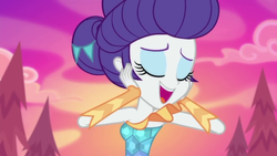 Size: 1280x720 | Tagged: safe, screencap, rarity, equestria girls, g4, my little pony equestria girls: better together, the other side, bare shoulders, carousel dress, clothes, dress, eyes closed, female, open mouth, smiling, solo