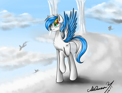 Size: 4096x3112 | Tagged: safe, artist:mcqueen, derpibooru exclusive, oc, oc only, oc:bender drede, pegasus, pony, cloud, cloudsdale, flying, raised hoof, silhouette, smiling, solo, wings