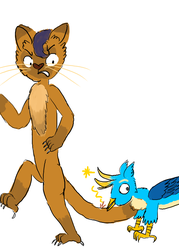 Size: 1000x1400 | Tagged: safe, artist:horsesplease, capper dapperpaws, gallus, abyssinian, cat, griffon, anthro, g4, my little pony: the movie, annoyed, behaving like a chicken, chest fluff, derp, gallus the rooster, male, ouch, paint tool sai, pecking, simple background, upset, white background