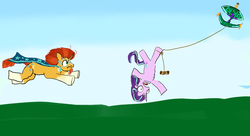 Size: 2200x1200 | Tagged: safe, artist:horsesplease, starlight glimmer, sunburst, g4, bulan wau kite, flying, help me, hilarious in hindsight in the comments, kite, kite flying, malaysia, meme, paint tool sai, pun, screaming, stuck, sunburst is not amused, that pony sure does love kites, unamused, upside down, wau, windswept mane, wow! glimmer